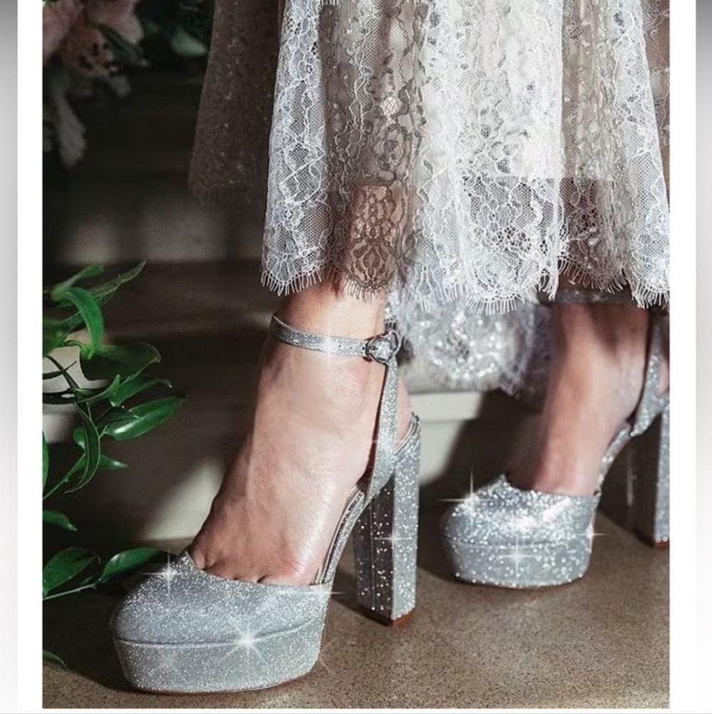 ANTONIO MELANI Silver Glitter Platform Block Heel Pumps